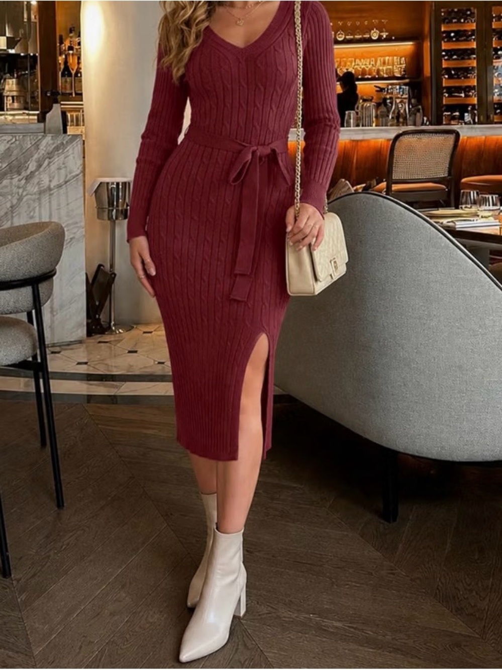 Cable Knit V-Neck Midi Sweater Dress with Tie Belt - Burgundy